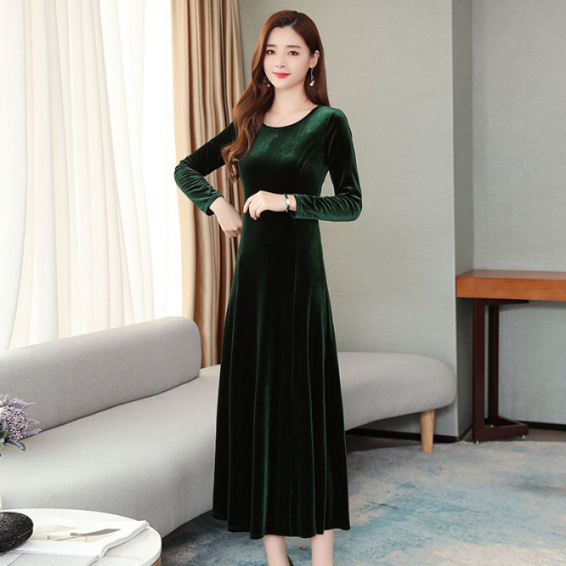 高级感轻奢金丝绒连衣裙女春秋季收腰显瘦遮肚气质长袖打底中长裙|undefined