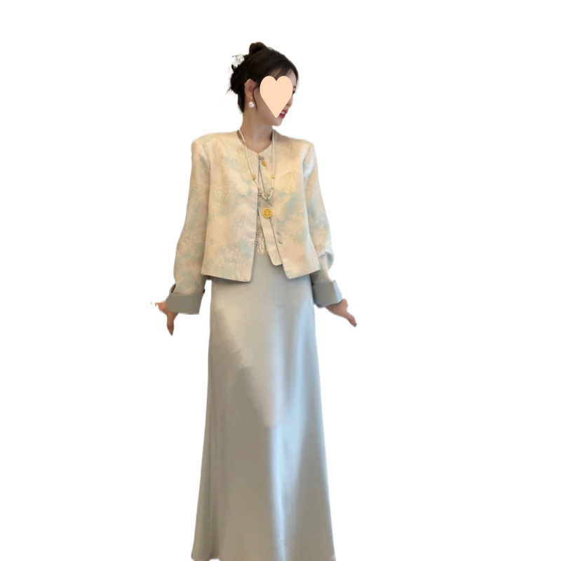 新中式国风套装女2025春季新款提花盘扣气质外套缎面半身裙两件套|undefined