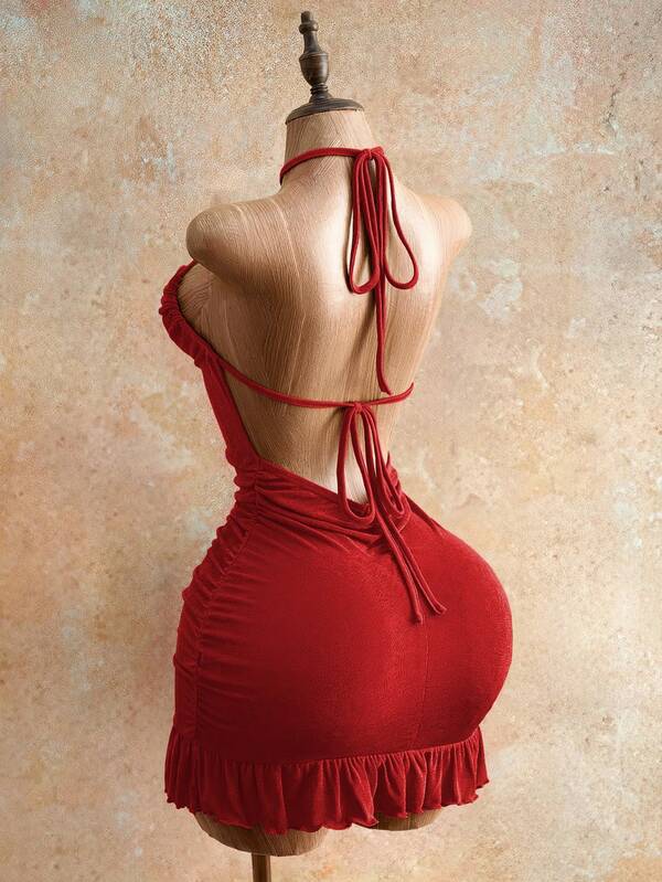 Sensual Bodycon Mini Dress With Ruffle Trim, Backless Halter Neck, And Waist-Gathering Pleats For A Flattering Fit_ecoleips.com