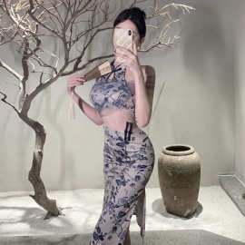 380欧美东南亚外贸批发2026女装复古印花网纱蕾丝拼接旗袍连衣裙
