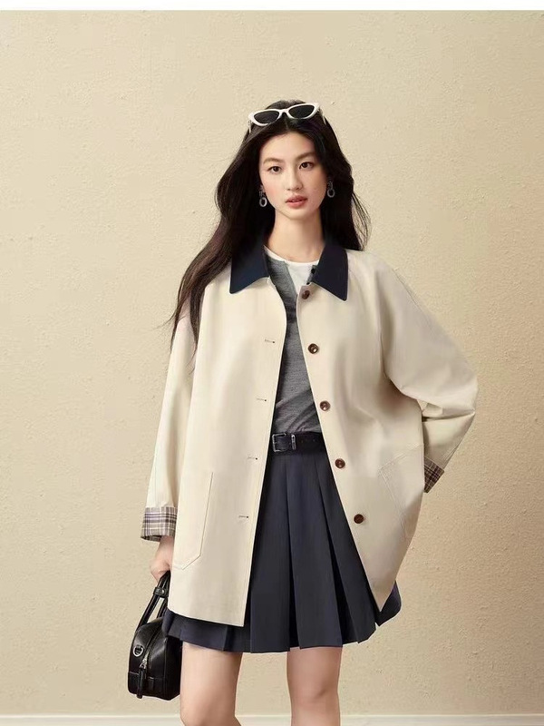 诗*L经典巴恩风撞色翻领风衣2025秋新款英伦休闲外套女7G8160251|undefined