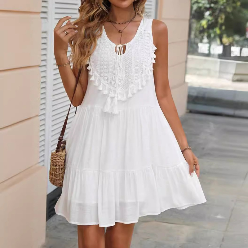 2025 European and American Foreign Trade Summer New Style V-Neck Lace Trim Loose Sleeveless Dress