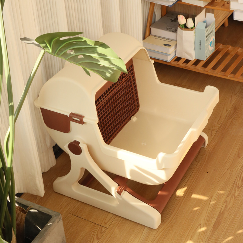 Inodoro para gatos con volteo abierto, caja de arena para gatos semiautomática extra grande, baño para mascotas, caja de arena para gatos perezosos semicerrada