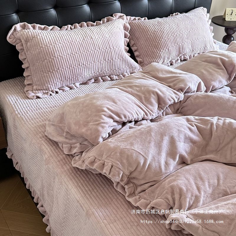 Gesanghua Class a Thickeneded Milk Velvet Bed Cover Four-Piece Quilt Cover Pillowcase Coral Velvet Crystal Velvet Bedding Ins