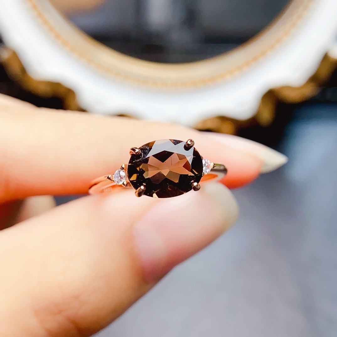 New natural tea crystal ring S925 silver inlaid main stone 7*9mm Joker net red explosions women's jewelry wholesale