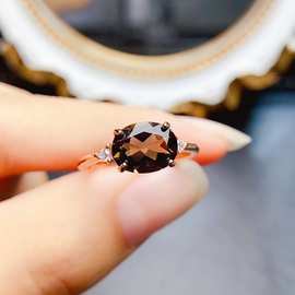 新款天然茶水晶戒指S925银镶嵌主石7*9mm百搭网红爆款女饰批发