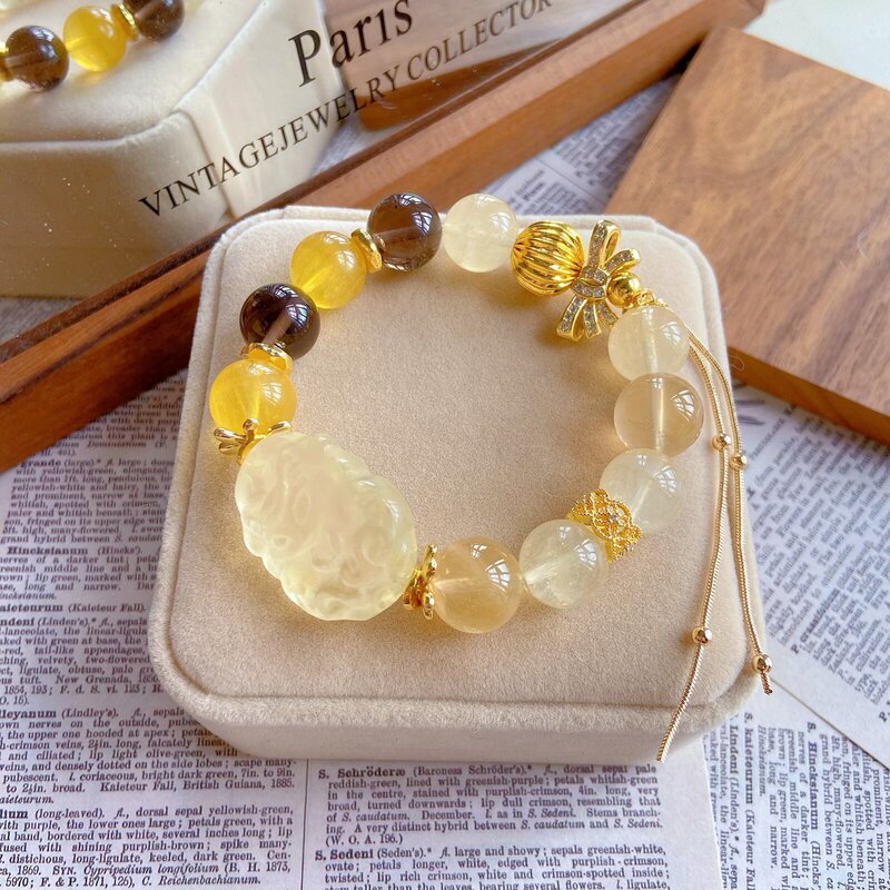 Jubei [Golden Hill Spirit Fox] Natural Yellow Fluorite, Obsidian, Lemon Quartz, Light Tea Quartz Mixed Wholesale Crystal Bracelet Chain