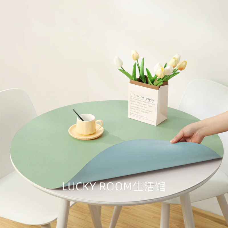 Double-sided large round table mat PU tea table folding waterproof dustproof leather placemat solid color home living room tablecloth