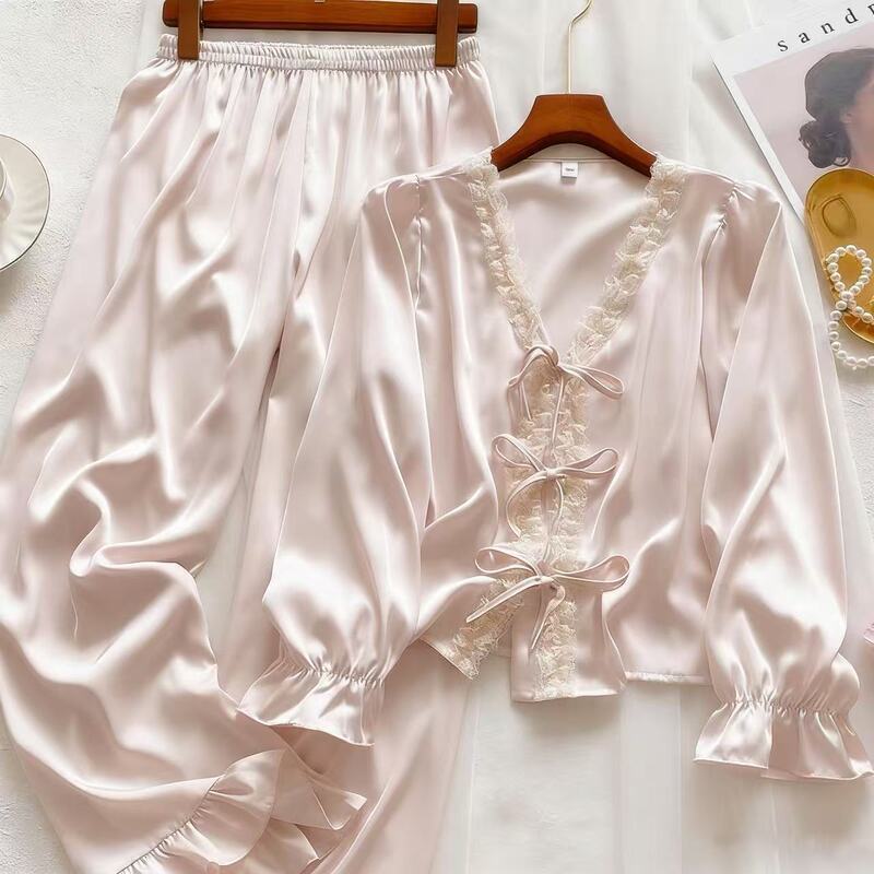 Ice Silk Pajamas Women's Suit Spring and Summer New Long Sleeve 100% Palace Style Home Clothes Outer Wear Autumn Sweet Style Lace