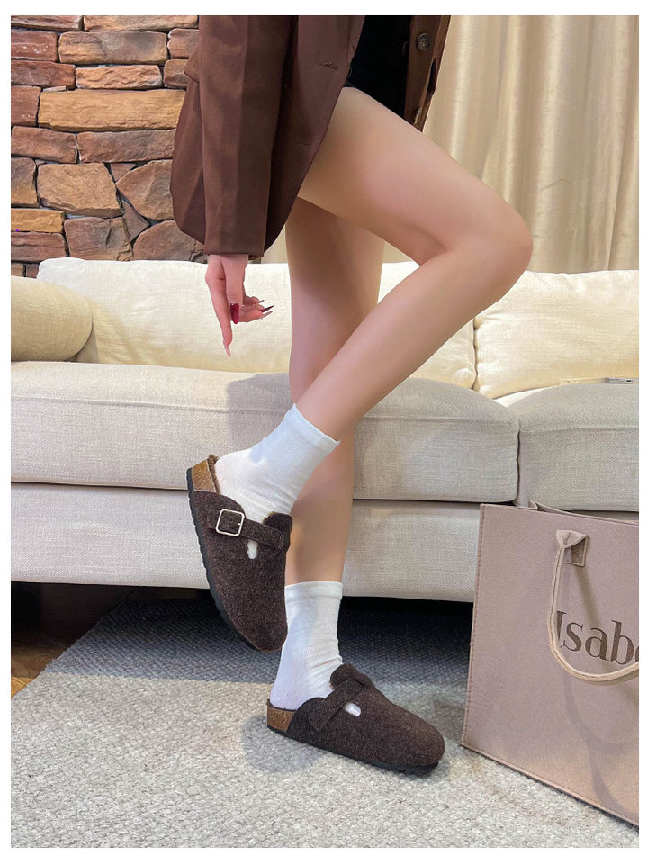 Dép sandal nữ bít mũi quai ngang dán khóa, đế dày lông xù, lót êm — A268 màu nâu sẫm, A268 màu xám nhạt, A268 màu xám đậm chi tiết 18