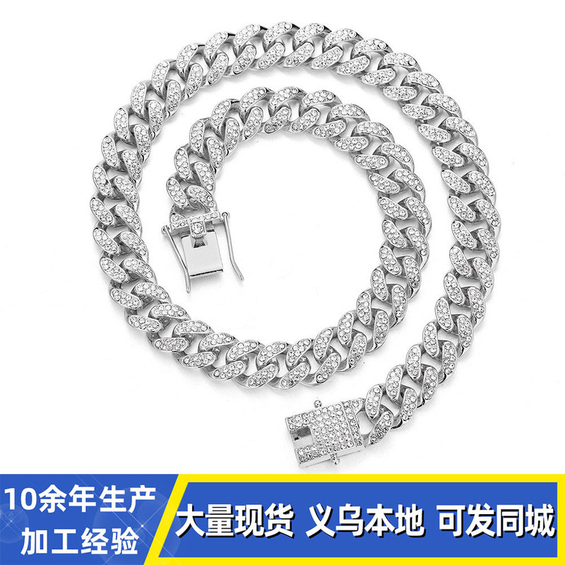 12mm Cuban Chain Cross-Border Accessible Luxury Fashion Versatile Alloy Rhinestone Men and Women Same Style Cuban Necklace Source Factory 12mm Cuban Chain Cross-Border Accessible Luxury Fashion Versatile Alloy Rhinestone Men and Women Same Style Cuban Necklace Source Factory