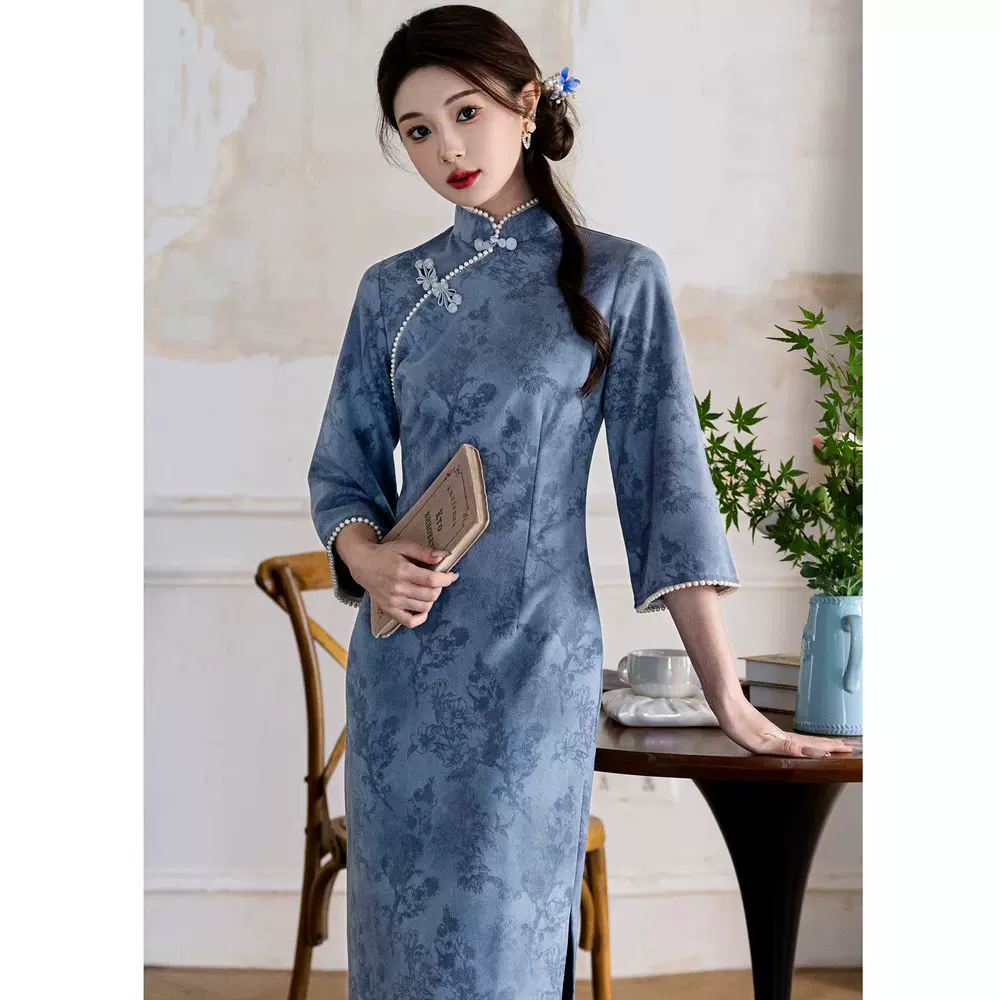 气质复古民国风高级感旗袍 秋季新款改良倒大袖雪花绒旗袍裙1030