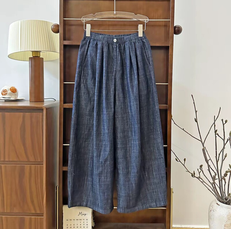 [Shell Denim] Summer Imitation Linen Elastic Waist Wide-Leg Pants, Versatile Slimming Look Thin Dark Casual Jeans