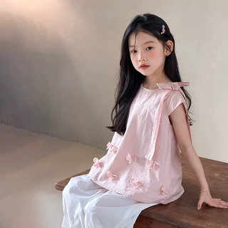 艾摩贝贝童装女童甜美气质蝴蝶结系带立体花朵无袖背心娃娃衫上衣