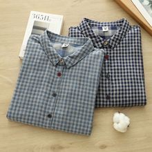 工厂直销  双层棉纱文艺休闲彩扣纯棉女式衬衣 长袖格子女式衬衫
