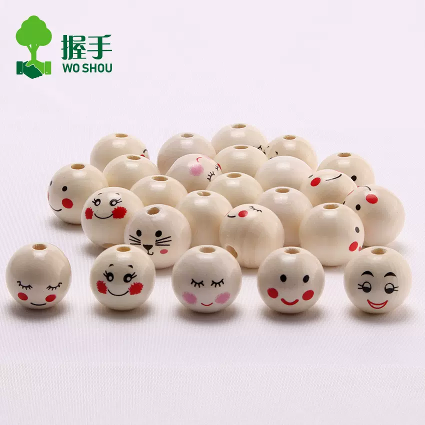 亚马逊跨境爆款20mm荷木原木色印表情笑脸木珠diy饰品配件串珠