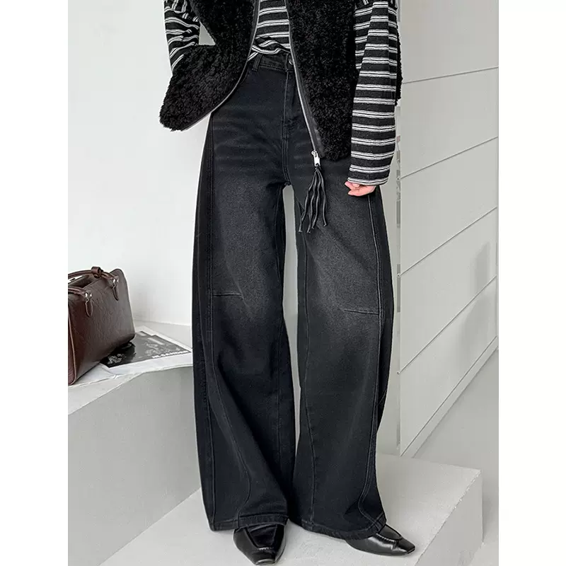 橘芷秋冬新款复古水洗黑灰色加绒牛仔裤宽松阔腿高级感显瘦55201