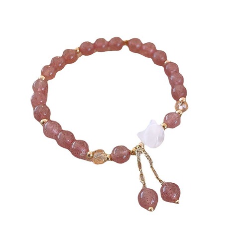 Natural Crystal Bracelet for Women, Design-Savvy Strawberry Quartz, Unique Accessory, Strawberry Quartz Morganite Bracelet with Shell Cat