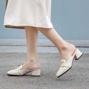 Women's Baotou Half Slippers 2024 New Summer Outwear Fashionable French Style Thick Heel Mid Heel Sandals High Heel Muller Shoes