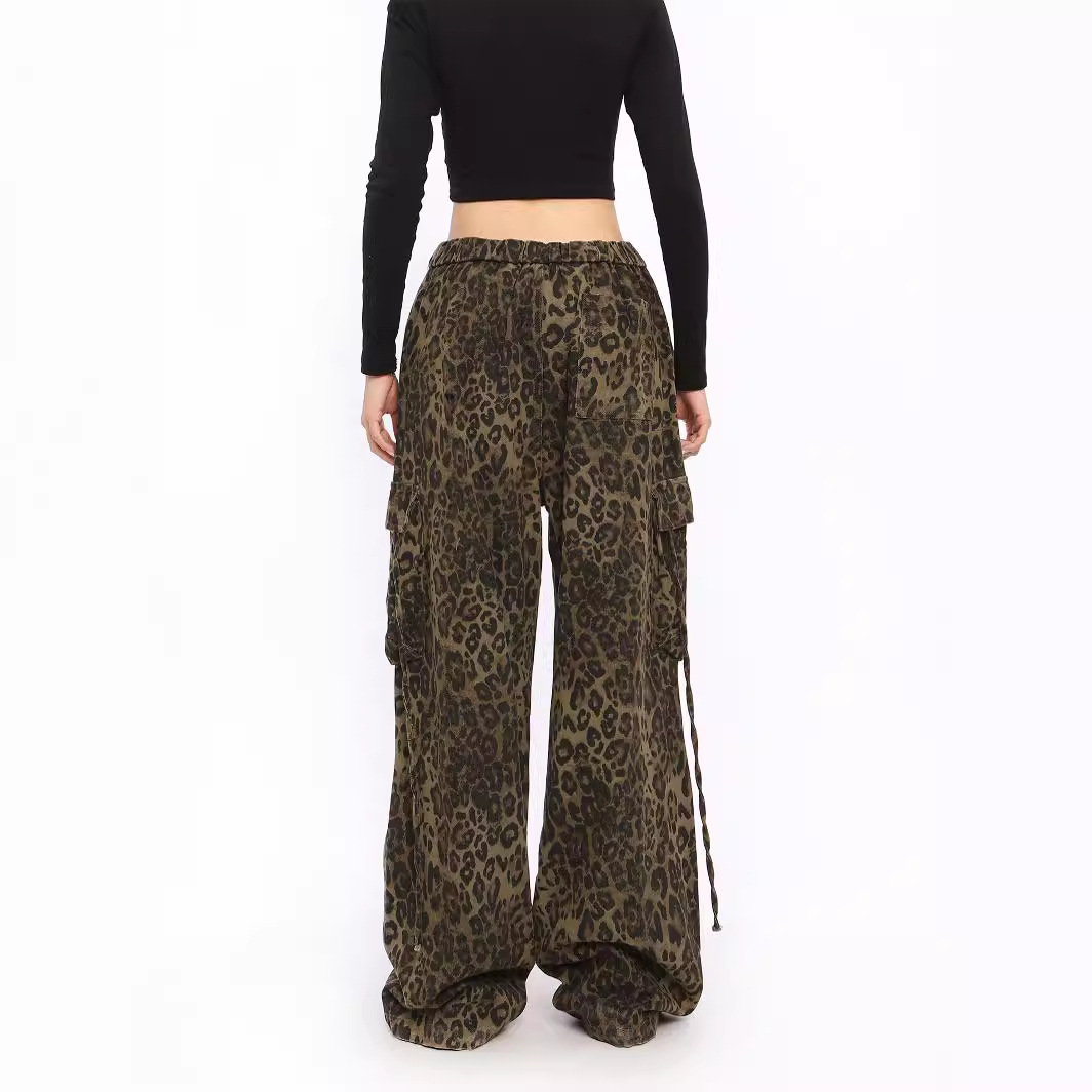 American Street Leopard Color Fit Workwear Wide Leg Pants Women's Early Spring Hot Girl Design Loose High Waist Slimming Casual Pants