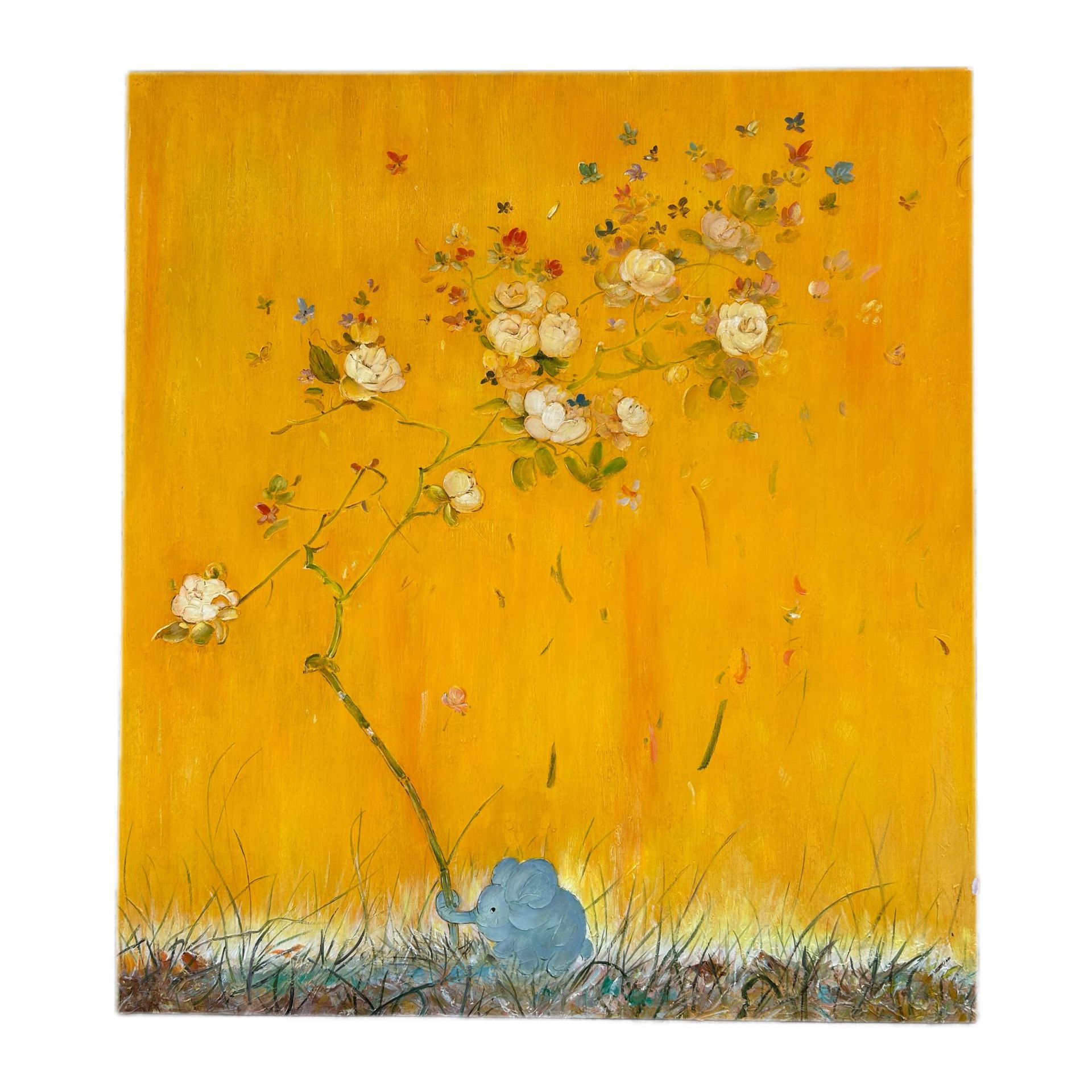 Customized Pure Hand-Painted Cream Style Elephant Abstract Flower Decoration Painting Living Room Sofa Background Wall Hanging Painting Wall Mural