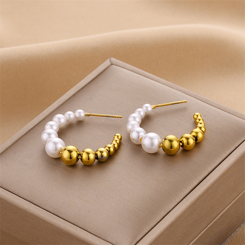 16g Weight Earrings Classification 1 Pair Quantity Wedding Occasion C Shape Imitation Pearl Titanium Steel Fashion Earrings