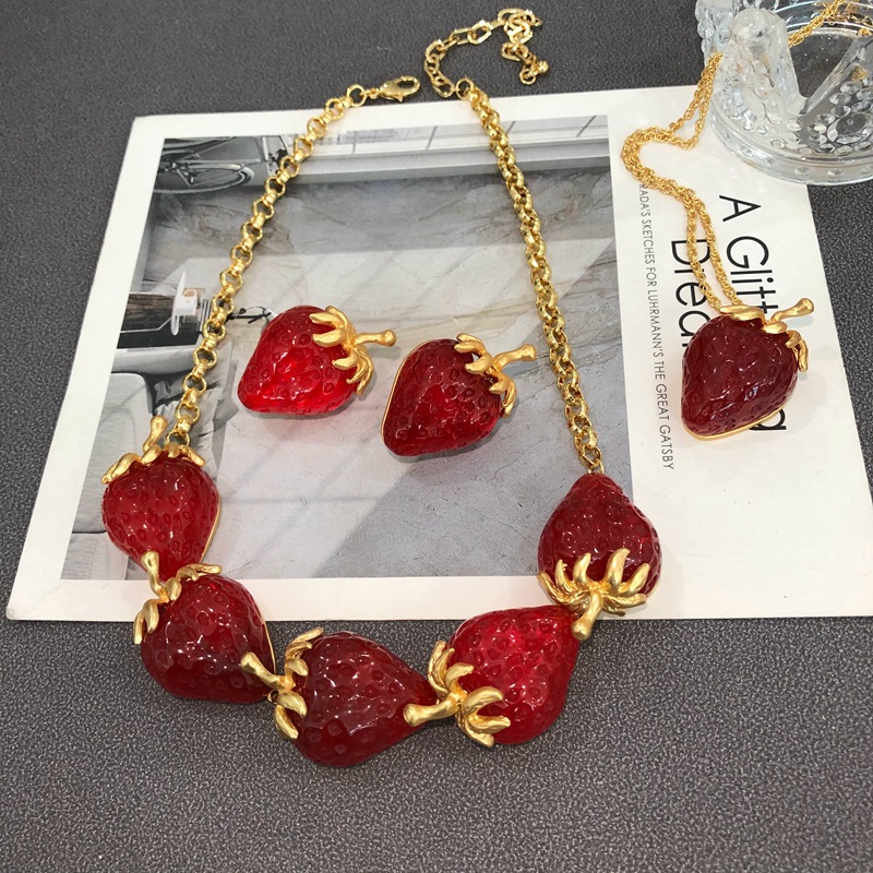 22g Weight Sweet Strawberry Alloy Plating Artificial Gemstones Women's Earrings Necklace
