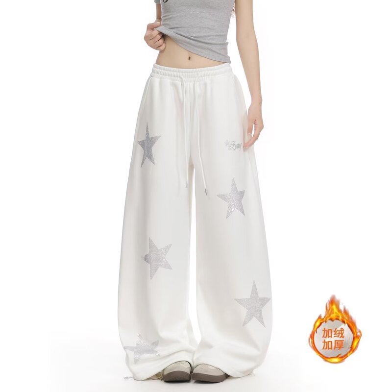American Retro Star Rhinestone Sweatpants for Women, Wide-Leg, Loose, Lazy, Slimming, Fleece-Lined, High-Waisted, Versatile Straight-Leg Casual Pants