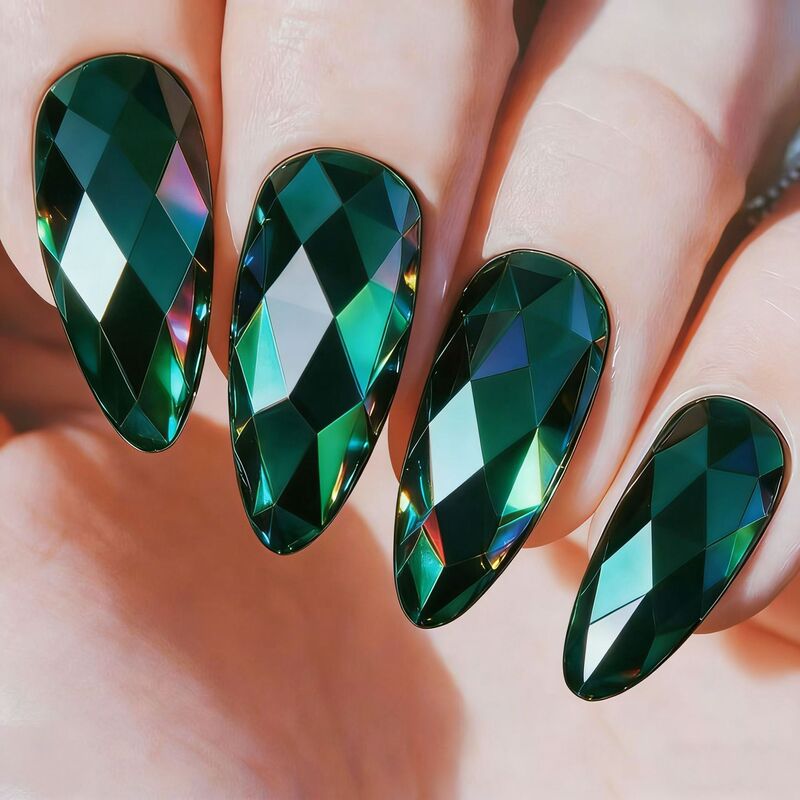 Diamond-Shaped Iridescent Electroplated Metallic Glossy Nails, Fashionable European and American Style, Almond-Shaped Green False Nails, Sustainable Beauty