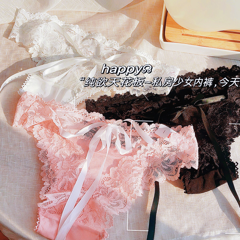 Sexy Lace Pure Desire Ribbon Bow Underwear Women's plus size Perspective Passion Temptation Women's Low Waist Briefs