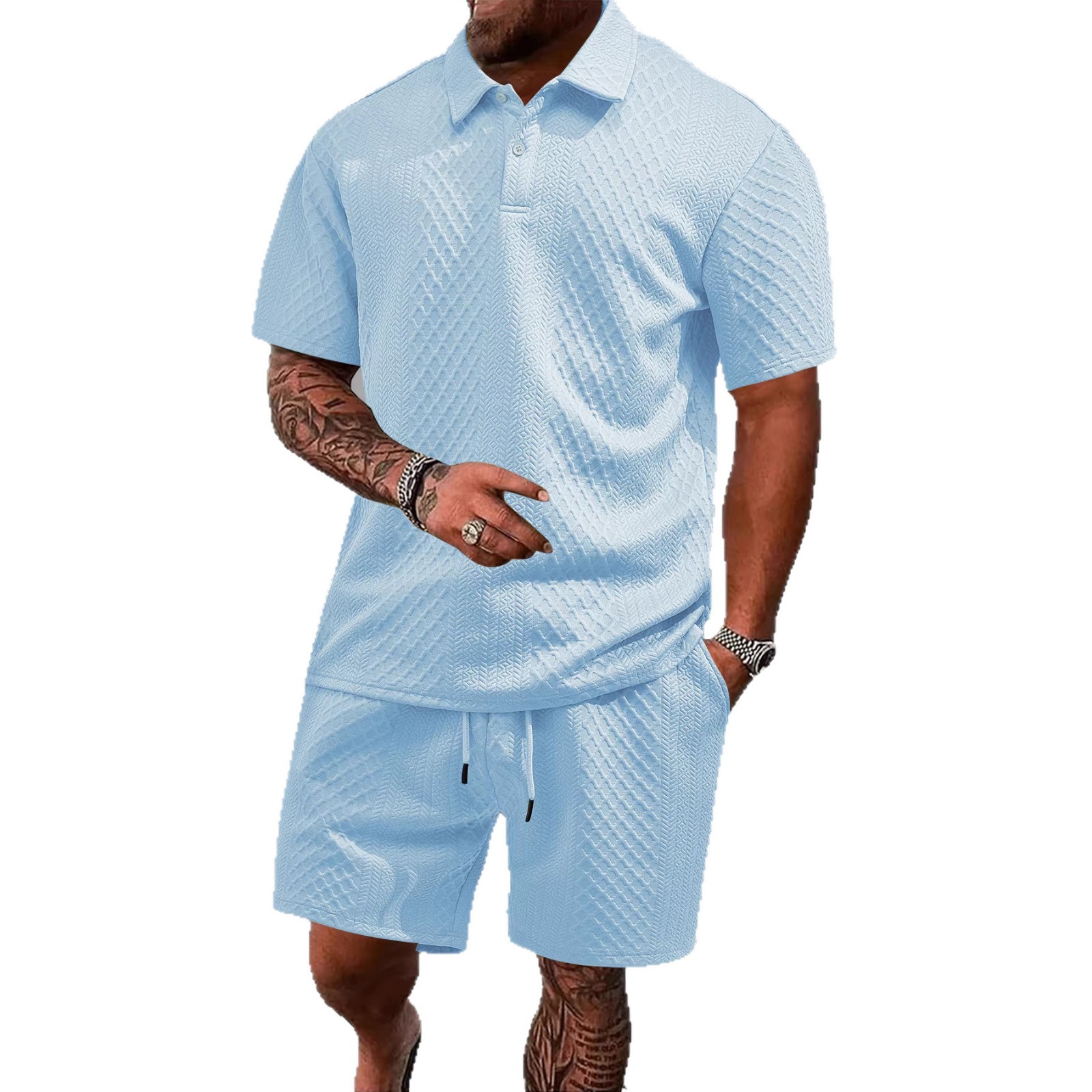 Cross-border nuevo hombre Jacquard Polo verano delgado con solapa cuadrada casual deportivo conjunto de mangas cortas para hombres