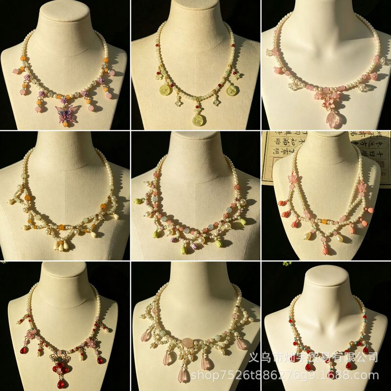 Hanfu-Style Soft Pearl Necklace for Girls and Children, Ancient Style Floral Pearl Choker, Collarbone Chain, Short Dress Hanfu-Style Soft Pearl Necklace for Girls and Children, Ancient Style Floral Pearl Choker, Collarbone Chain, Short Dress