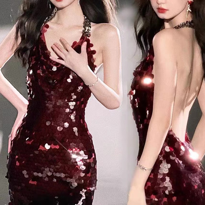 Designer with heavy industry sequins sexy backless hip slimming pure wine red dress dress 1396