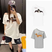 yb开发~【Jennie同款】珍珠项链 腊肠狗狗印花斜开肩T恤短袖上衣