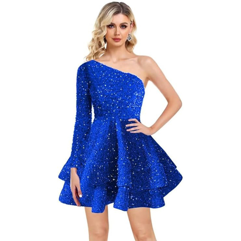 One Sleeve Short Prom Dresses Tiered Sequin Formal Evening Party Gowns Sparkly Homecoming Dress Fashion Sexy