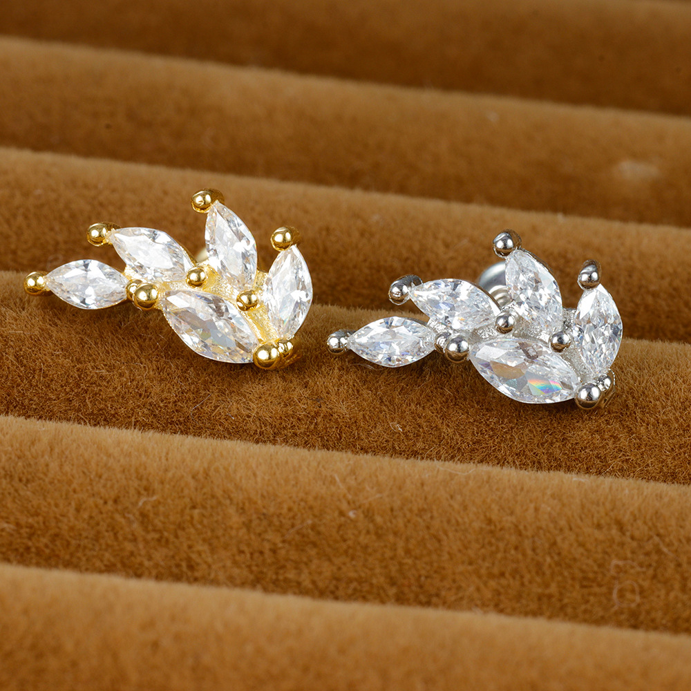 1 Piece Ig Style Shiny Leaves Plating Inlay Stainless Steel Zircon Ear Studs display picture 2