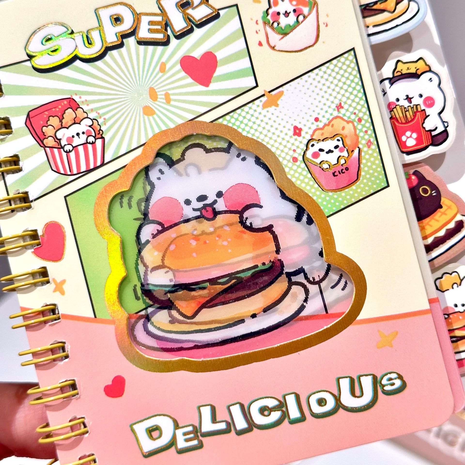 Libro de bobina de clasificación de rejilla de conejo A7 Libro de ventana creativa de conejo de hamburguesa súper delicioso Papelería de aprendizaje para estudiantes de primaria