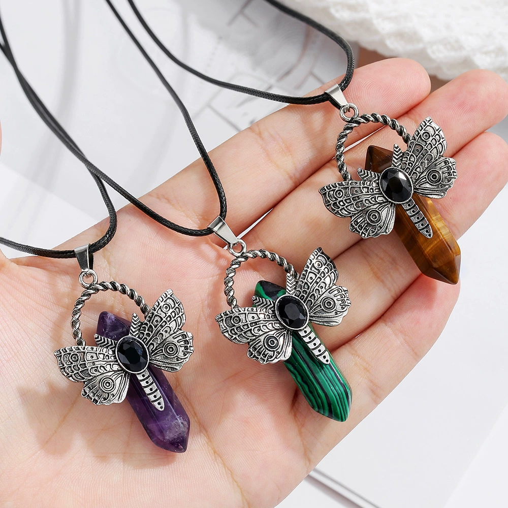 Популярное трансграничное ожерелье с подвеской из натурального кристалла, аметистовое ожерелье, шестигранная колонна в виде стрекозы, богемные ювелирные изделия, оптовая продажа