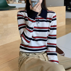 韩系学院风撞色条纹polo领毛衣女小个子休闲通勤宽松百搭针织t恤