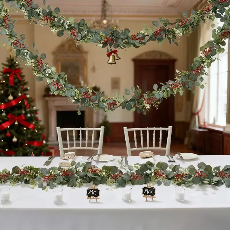 跨境temu热卖藤条 金钱桉树叶假花绿植圣诞悬挂藤蔓花环婚礼家居