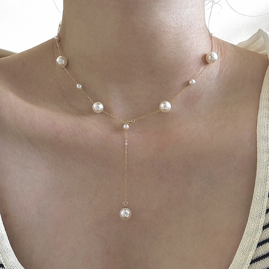 New Arrival Artificial Pearl Made in America 14K Gold Staggered Gypsophila Necklace Simple All-Match Clavicle Chain Niche Neck Chain