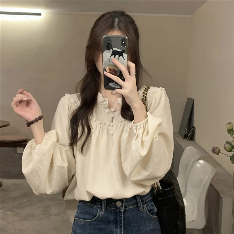 French Retro Niche Design Women's Top Spring and Autumn 2025 New Puff Sleeve Chic Ruffled Long Sleeve Shirt