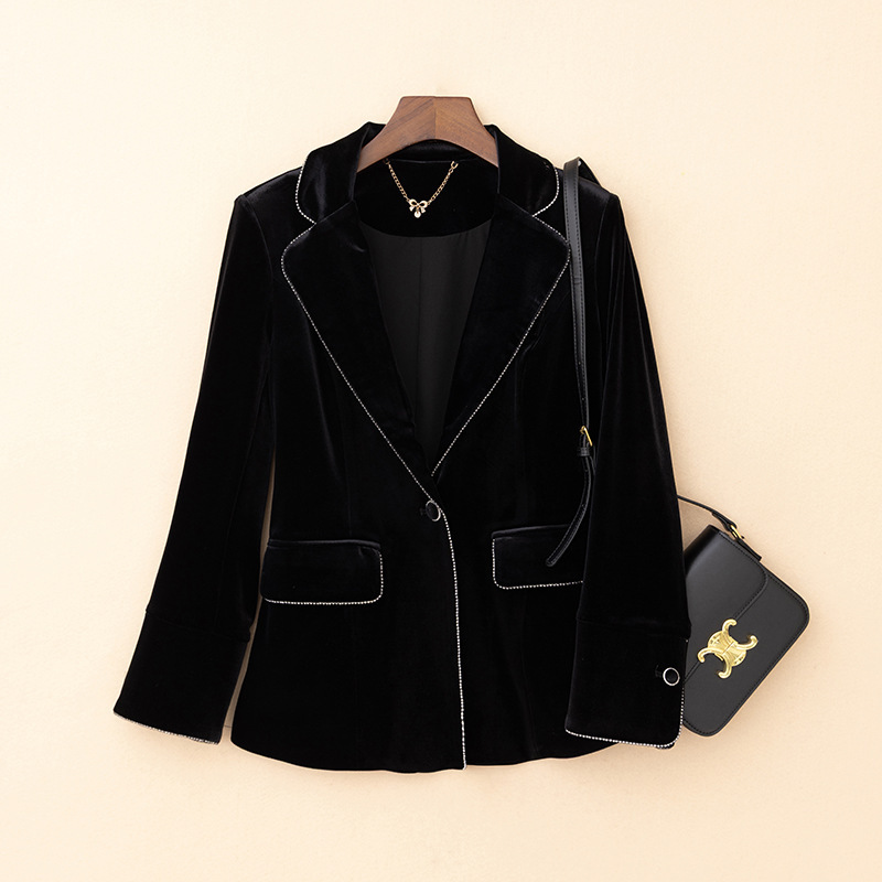 High-End Korean-Style Rhinestone-Trimmed Lapel Commuter Long-Sleeve Velvet Blazer for Women, Slim-Fit Suit for Spring and Autumn