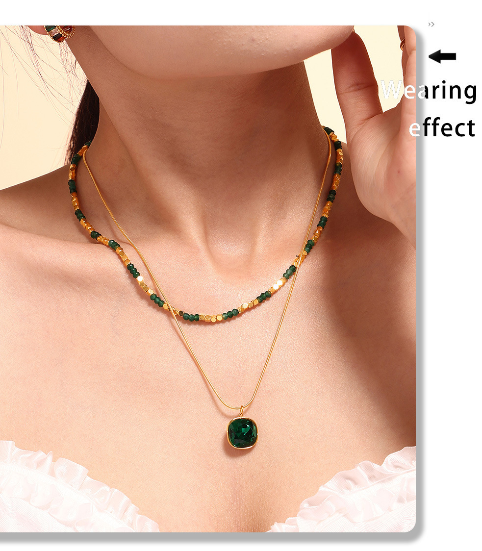 Natural Stone Crystal Pendant Necklace Double Layer Stainless Steel_voghion.com