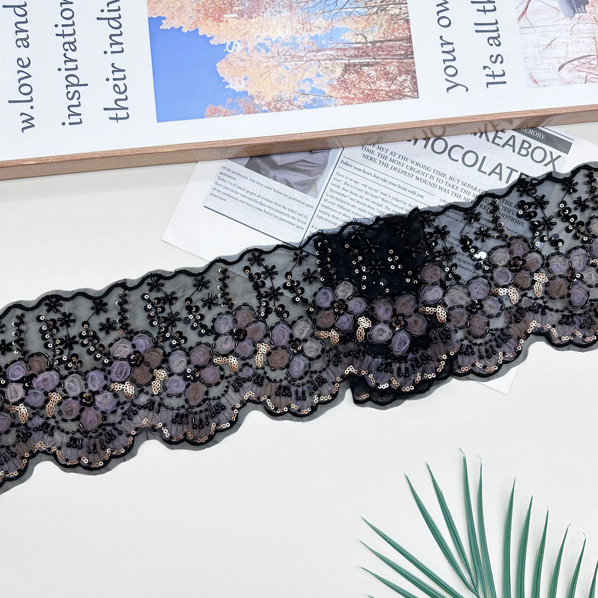 Encaje Bordado de Malla con Lentejuelas de Poliéster para Vestidos y Decoración del Hogar