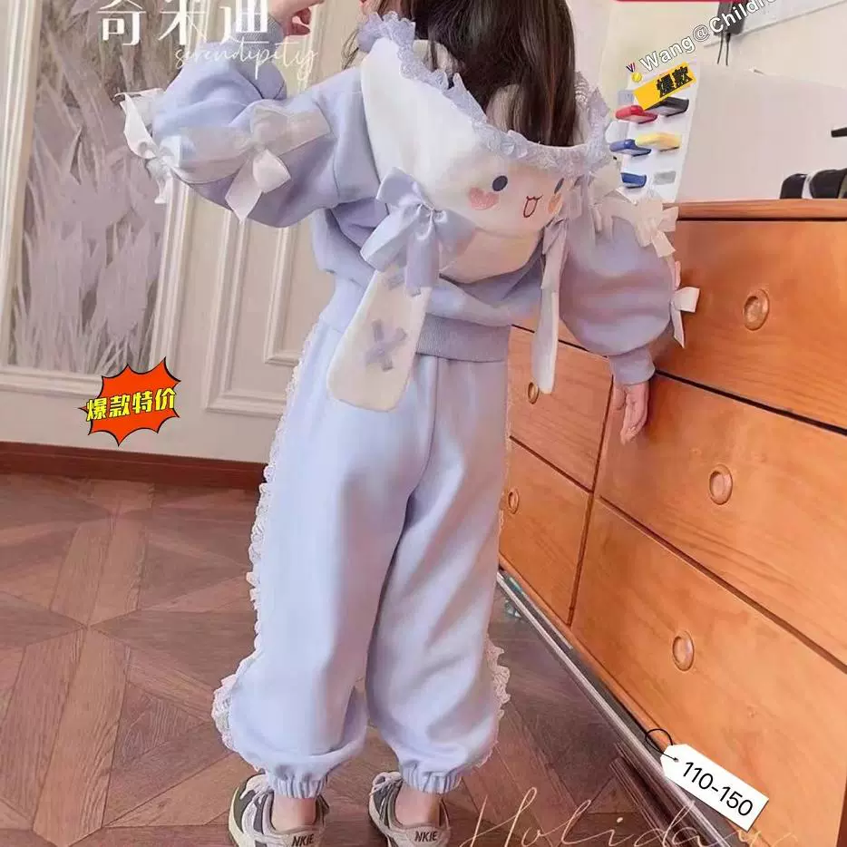 Костюм для девочек весной и осенью новый иностранный отдых свободный свиток спортивный воротник из двух частей