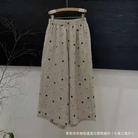 2026夏季新款亚麻彩色波点休闲裤女文艺百搭简约纯色松紧腰宽松直