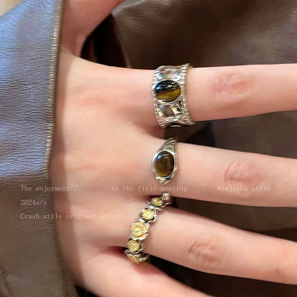 Vintage Rad Tiger Eye Stone Opening Ring Adjusting Female Niche Design Index Finger Advanced Heavy Industry Oval Distinctive Ring