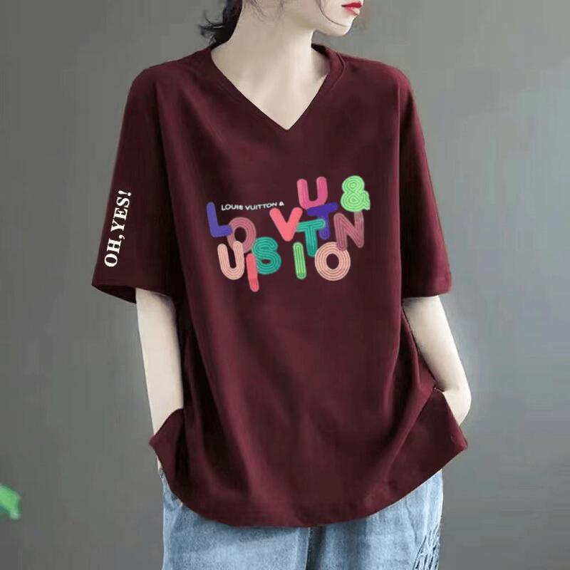 New Style Imitation Cotton Short-Sleeved T-Shirt for Women, Summer Printed V-Neck Loose Large Size Casual Fashionable Middle-Aged Tops New Style Imitation Cotton Short-Sleeved T-Shirt for Women, Summer Printed V-Neck Loose Large Size Casual Fashionable Middle-Aged Tops