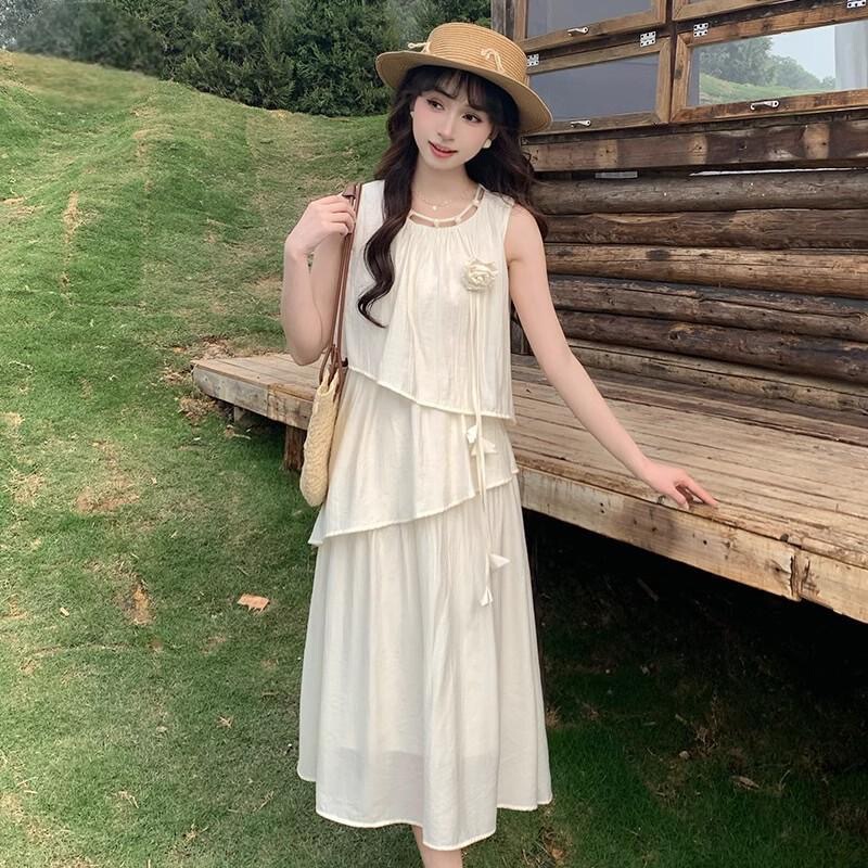夏季不规则设计感连衣裙镂空圆领宽松显瘦度假风气质甜美中长裙|undefined